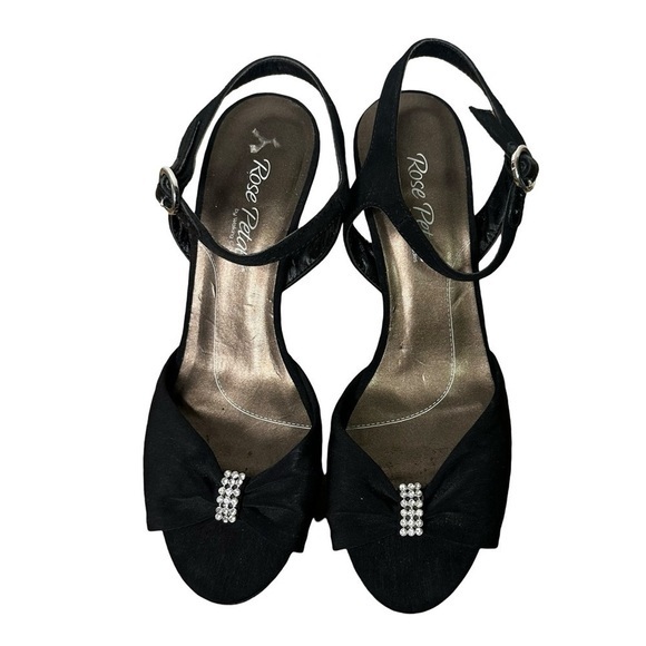 Rose Petals Black Heels Rhinestone Open Toe Size 8 - Picture 1 of 7